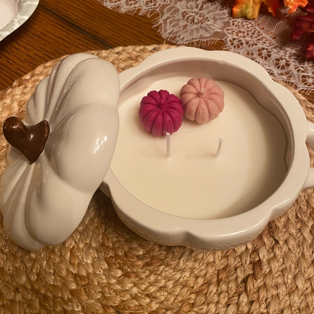 White Pumpkin Candle with Pink Accents - Picture 1 of 1